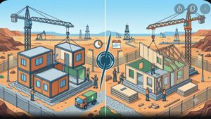Современная иллюстрация модульных и сборных зданий для нефтяных месторождений в футуристическом стиле 2026 года