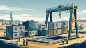 Современный комплекс модульных зданий на нефтяном месторождении в футуристическом стиле для статьи о трендах 2026 года